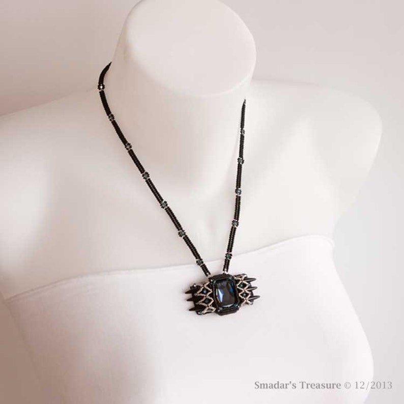 Black Beaded Necklace with Pendant of Blue Rectangle Swarovski Crystal Stone, Black Spikes, Silver and Crystal Beads Embellishment. S183 image 5