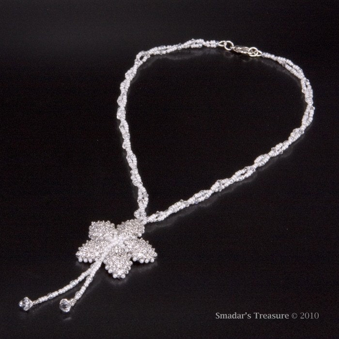 Bridal White Beaded Rope with Crystals, Necklace with Crystal Set Silver Flower Pendant with Swarovski Crystal Drops Fringe. S172