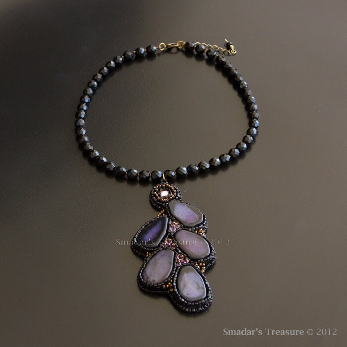 Beaded Black Necklace Bead Embroidered Asymmetrical Pendant Etsy