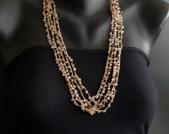 Long Multi Strand Beaded Necklace in Semi Matte Gold, Crystal Iridescent and Dark Bronze. 5-Strand Ruffled Knitted Necklace with Beads S-355