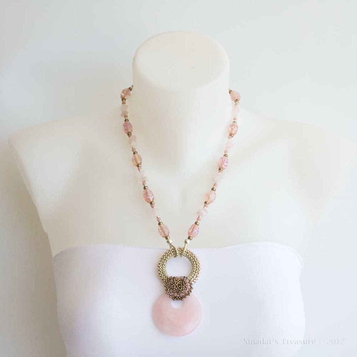 Beaded Necklace Rose Quartz Pendant with Two Shades of Silver Etsy