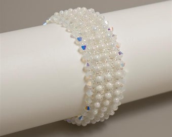 White Bridal Cuff Bracelet with Swarovski Crystals and Sterling Silver Slide Clasp. Textured Beaded Bracelet. Evening Wedding Bracelet. S243