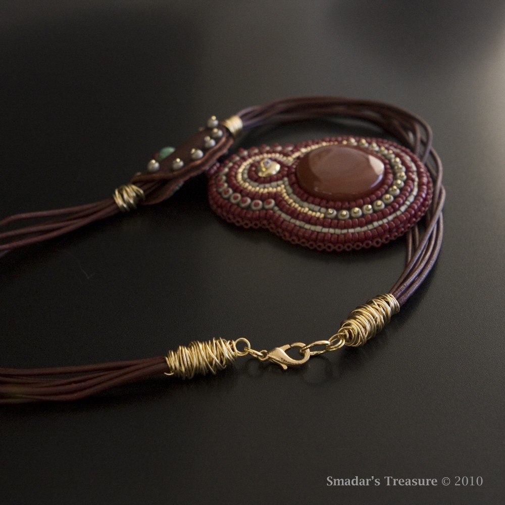 Brown Leather Necklace With Embroidered Carnelian Pendant With - Etsy