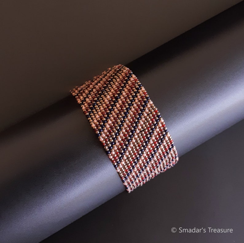 Beaded Bracelet with Colorful Enamel Button Clasp in Peach, Bronze, Ink Blue and Red. Wide Diagonal Multicolor Beadwoven Cuff Bracelet S-498 image 2