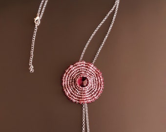 Silver Necklace, Ruby, Lavender AB and Amethyst Pendant with Fringe. Round Corrugated Bead Flower Pendant on Silver Rolo Chain Necklace S489