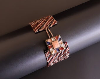 Beaded Bracelet with Colorful Enamel Button Clasp in Peach, Bronze, Ink Blue and Red. Wide Diagonal Multicolor Beadwoven Cuff Bracelet S-498