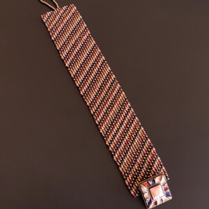 Beaded Bracelet with Colorful Enamel Button Clasp in Peach, Bronze, Ink Blue and Red. Wide Diagonal Multicolor Beadwoven Cuff Bracelet S-498 image 4