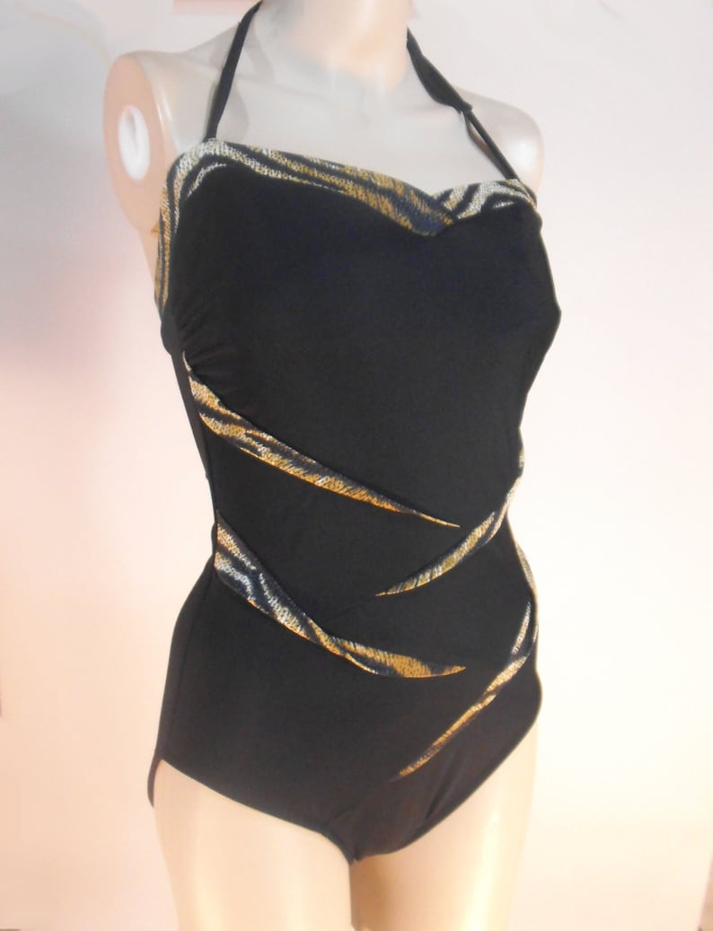 70s Swimsuit Swimwear Bathing Suit Wild Tiger Print V Stripe Etsy