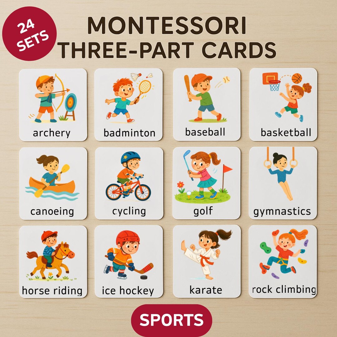 SPORTS Montessori Three-part Cards - Printable Set of 24 Flashcards for ...
