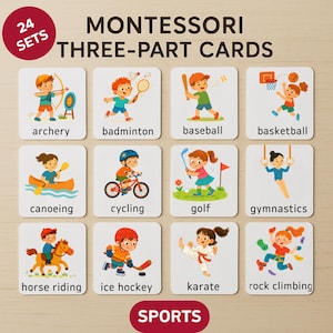 SPORT Montessori dreiteilige Karten - druckbares Set von 24 Karteikarten für Kleinkinder & Kinder im Vorschulalter