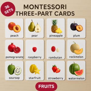 FRÜCHTE Montessori dreiteilige Karten - druckbares Set von 36 Karteikarten für Kleinkinder & Kinder im Vorschulalter