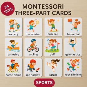 SPORTS Montessori Three-Part Cards - Printable Set of 24 Flashcards for Toddlers & Preschoolers