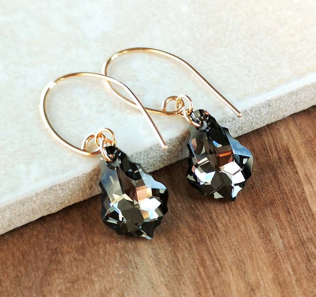 Black Swarovski Earrings Gold Filled Crystal Gold Earrings Swarovski Jewelry Etsy