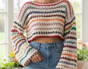 Maglione corto all'uncinetto fatto a mano, pullover boho a righe colorate