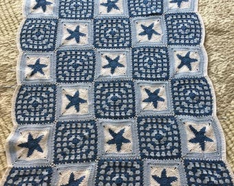 Coperta per neonati all'uncinetto Blue Star Grandma Square, morbida biancheria da letto in cotone per passeggino