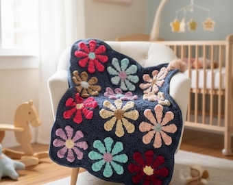 Coperta per neonati all'uncinetto 3D con margherite retrò, coperta morbida fatta a mano con fiori, regalo colorato per la cameretta dei bambini