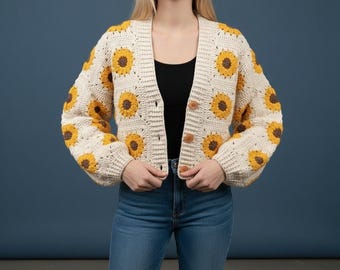 Cardigan all'uncinetto fatto a mano con motivo girasole - Maglione floreale boho, cotone ecologico, moda accogliente per le feste di primavera