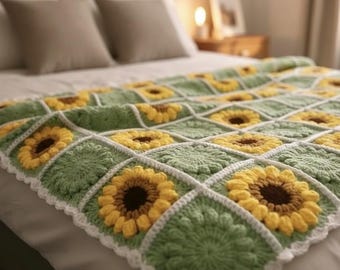 Copriletto fatto a mano all'uncinetto con girasole / Coperta quadrata della nonna / Biancheria da letto vintage boho / Regalo accogliente per la casa