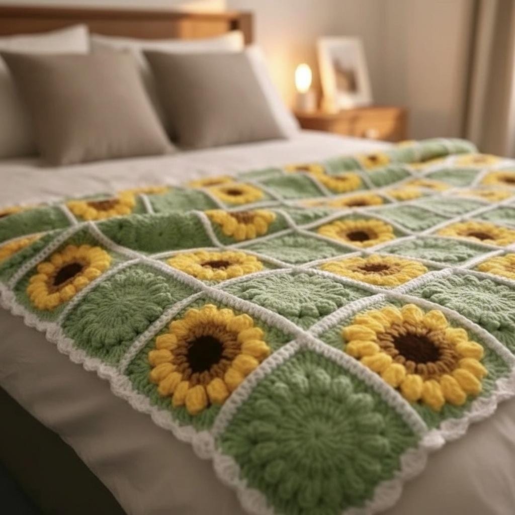 19 Crochet Bedspread Patterns with Lace, Granny Squares, and Pineapple Motifs 5 Crochet Sunflower Bedspread Blanket