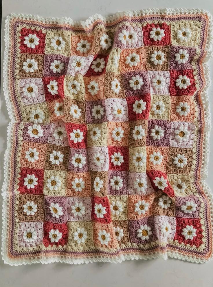 Colorful Crochet Flower Baby Blanket – Handmade Boho Granny Square Throw for Nursery Gift