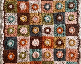 Handmade Crochet Baby Blanket: Boho Flower Granny Squares, Soft Cotton