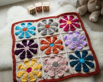 Copertina per neonati all'uncinetto fatta a mano, quadrato retrò con margherite 3D, decorazione per cameretta in stile boho