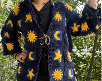 Cardigan Grandma Square all'uncinetto - Giacca Boho Sole Luna Stella, Maglione Oversize Fatto a Mano
