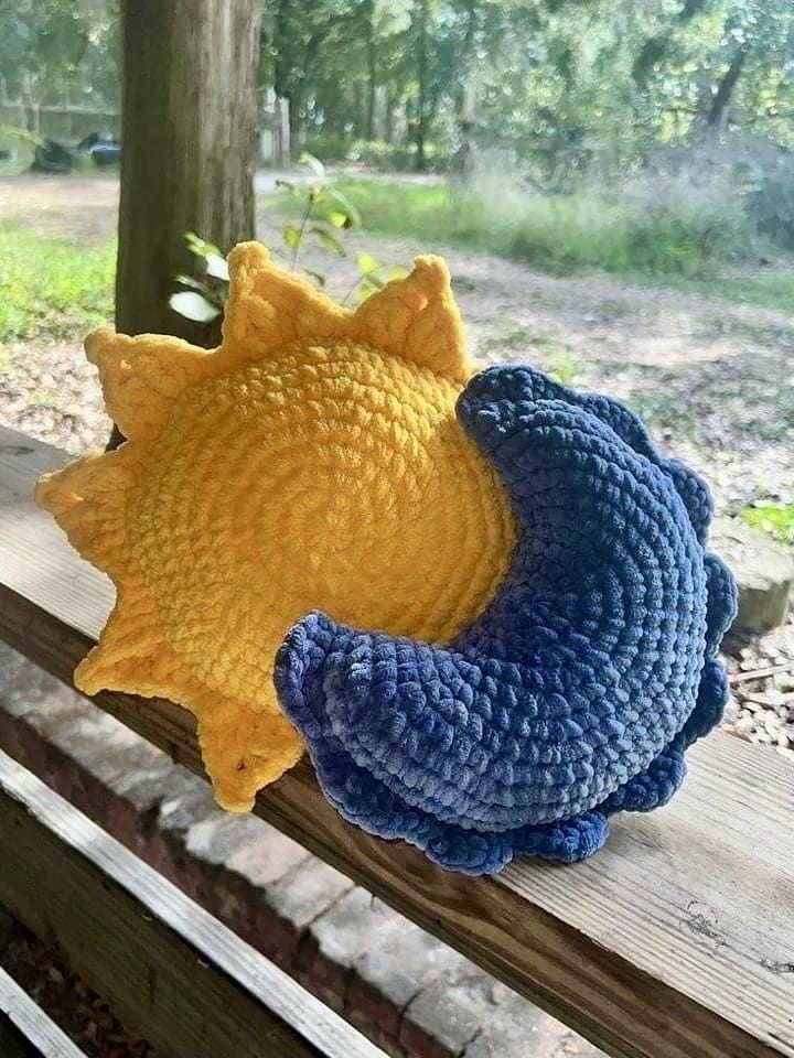 Crochet Sun and Moon Pillow: Velvet Celestial Nursery Decor