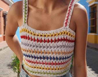 Top corto all'uncinetto fatto a mano, bralette estiva boho colorata, maglia da spiaggia per festival