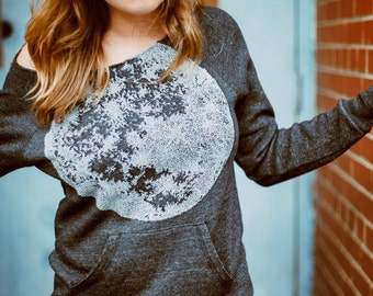 Women's Full Moon Sweatshirt Fall Clothing, Solar System Gift for Her, Off The Shoulder Boho Sweater, Celestial Moon Shirt