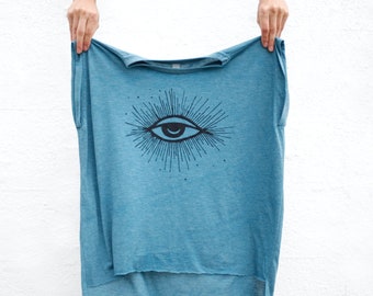 The Hex Third Eye Mystical Moon and Stars Loose Fit Muscle Tee in Teal, Boho Clothing Gift for Women, Witchcraft Astronomy Print