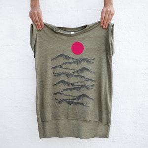 Southwest desert sun landscape mountain print olive green rolled cuff sleeve tee.