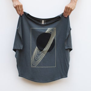 Women&#39;s Saturn Off the Shoulder Bamboo Shirt, Eco-friendly Spring Clothing Gift for Her, Astronomy Lover Screen-printed Top