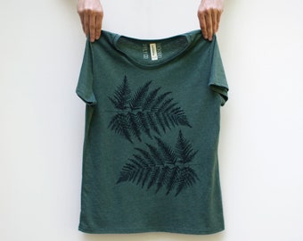 Women's Fern Leaf T-shirt Forest Green, Hand-printed Plant Parent Gift for Her, Eco-friendly Tops, Nature Lover Plant Mom Shirt