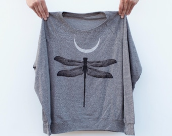 Dragonfly Crescent Moon Lightweight Cropped Sweatshirt Heather Gray, Hand-printed Fall Fashion Gift