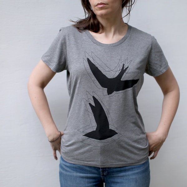 Women's Birding Silhouette Chimney Swift T-Shirt, Minimalist Eco-friendly Bamboo Organic Cotton Graphic Tee Shirt, Bird Lover Gift