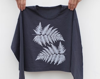 Fern Leaf Cyanotype Crop Top, Botanical Long Sleeve Shirt, Garment Dyed Cotton