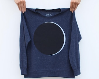 Eclipse Chaser Women's Lightweight Sweatshirt Heather Navy Blue, Hand-printed Fall Fashion, Celestial Clothing Gift