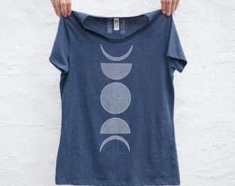 Women's Lunar Moon Phases Organic Cotton Recycled Polyester T-shirt, Celestial Boho Clothing Hippie Gift for Her, Soft Style Graphic Tee