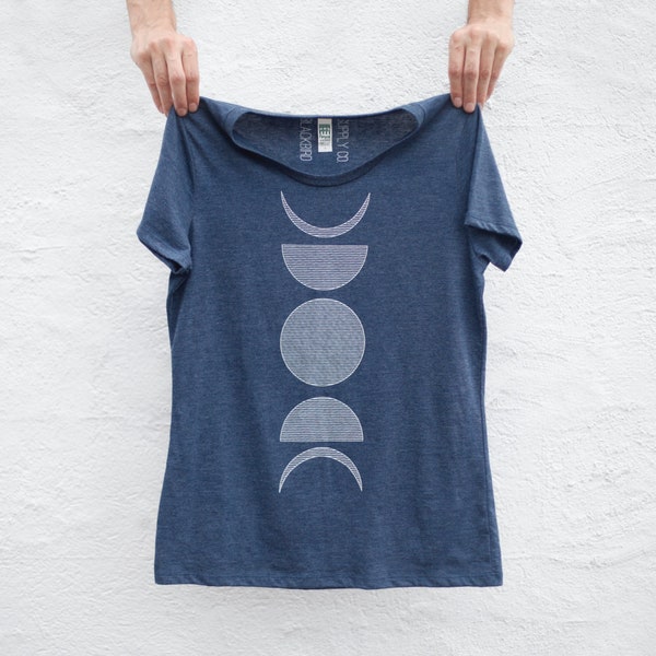 Women's Lunar Moon Phases Organic Cotton Recycled Polyester T-shirt, Celestial Boho Clothing Hippie Gift for Her, Soft Style Graphic Tee