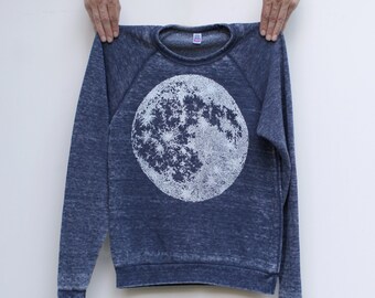 Unisex Burnout Full Moon Sweatshirt, Handmade Clothing Gifts for Him or Her, Cozy Burnout Fleece Pullover Men or Women