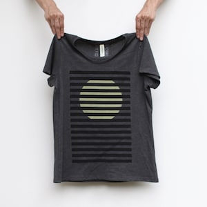 Minimalist Rising Sun Shirt Modern Bauhaus Inspired Graphic Tee, Handmade Clothing Gifts for Her, Striped Geometric T-shirt