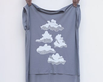 Women's Flowy Boho Top, Cloud Formations Screen Print T-shirt, PNW Shirt, Handmade Clothing Gift for Her, Cumulus Rain Clouds