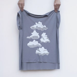 Women's Flowy Boho Top, Cloud Formations Screen Print T-shirt, PNW Shirt, Handmade Clothing Gift for Her, Cumulus Rain Clouds image 1
