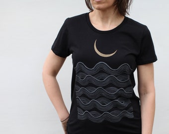 Women's Nautical Boho Top in Black, Eco friendly Clothing, Super Soft Scoop Neck T shirt, Full Fathoms Ocean Waves Gold Crescent Moon Shirt