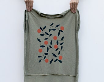 Women's Loose Fit Flowy Top, Gardening Gift for Her, Mandarin Orange Tree Screen Print T-shirt, Foodie Shirt