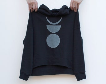 Moon Phases Womens Crop Hoodie Terrycloth Hooded Sweatshirt in Black, Modern Minimalist Cropped Drawstring Pullover, Handmade Clothing Gift