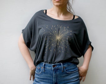 Sparkler Fireworks Summer Top in DARK GRAY, Unique Summer Clothing Gift for Her, Off the Shoulder Bamboo Blouse, Sustainable Fashion