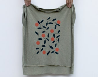 Women's Loose Fit Flowy Top, Handmade Mama Gift for Her, Mandarin Orange Tree Screen Print T-shirt, Foodie Shirt