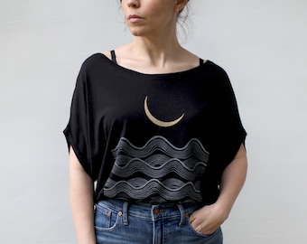 Nautical Boho Off the Shoulder Top in BLACK, Best Gifts for Women, Slouchy Loose T-shirt, Eco-friendly Bamboo Organic Cotton Shirt